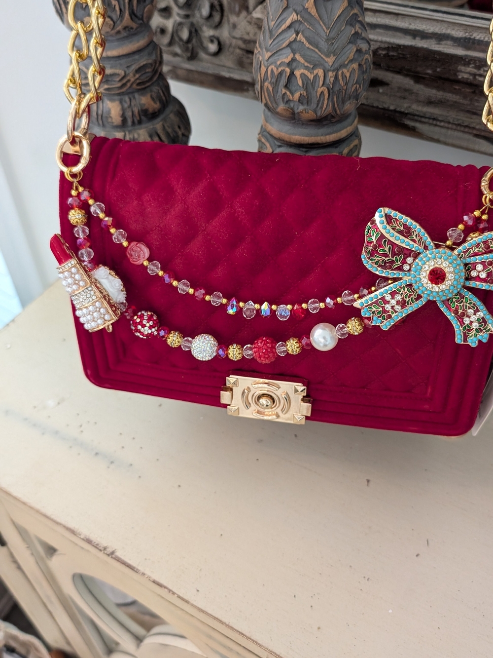 Pearl & Crystal Embellished Red Quilted Crossbody Bag